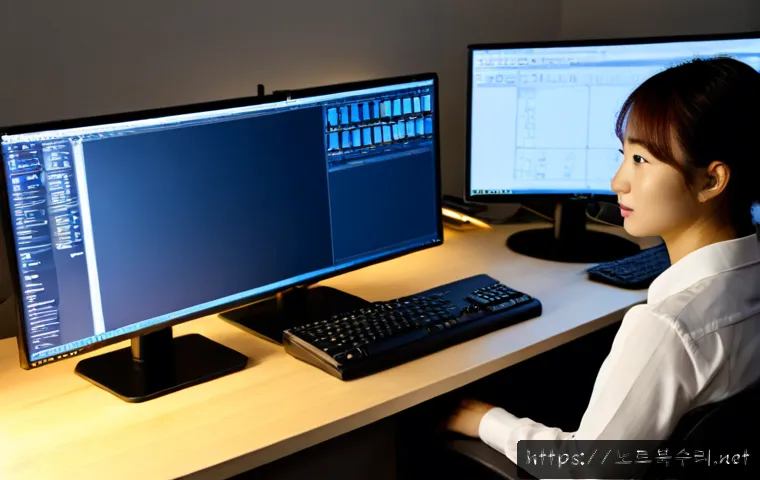 대치동 STATUS_FILE_IN_USE - Photorealistic software support workstation in a Daechi-dong tutoring-office atmosphere, dual monito...