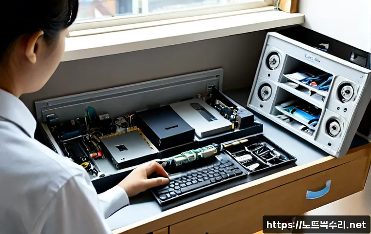 멱곡동 맥미니 판매 및 수리 - Photorealistic compact silver mini desktop computer repair bench, technician replacing internal stor...