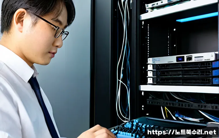 화평동 서버출장방문수리점 - Photorealistic IT technician repairing an open rack server in a compact neighborhood office, diagnos...