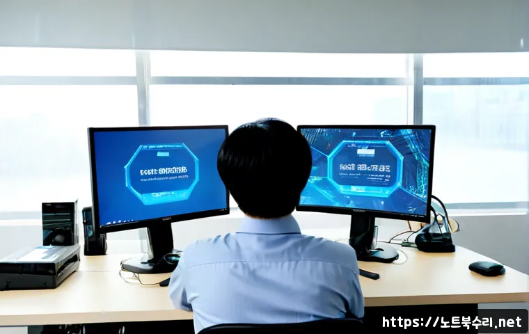 내수동 STATUS_KERNEL_STACK_CORRUPTION - Photorealistic IT support workstation in a compact central Seoul office, dual monitors showing a wor...
