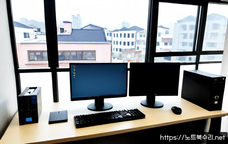 감북동 STATUS_SYSTEM_FILE_MISSING - Photorealistic IT support workstation in a quiet Gambuk-dong apartment office, dual monitors showing...