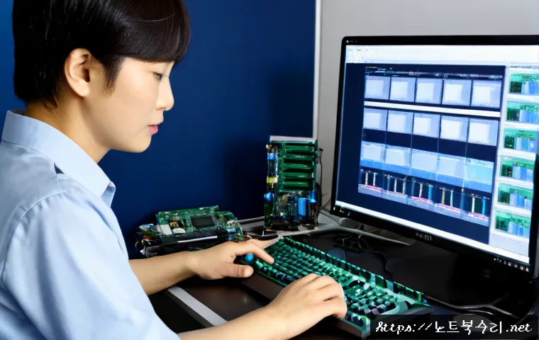 설운동 HARDWARE_MEMORY_FAILURE - Photorealistic PC repair workstation in a compact Korean neighborhood electronics office, technician...