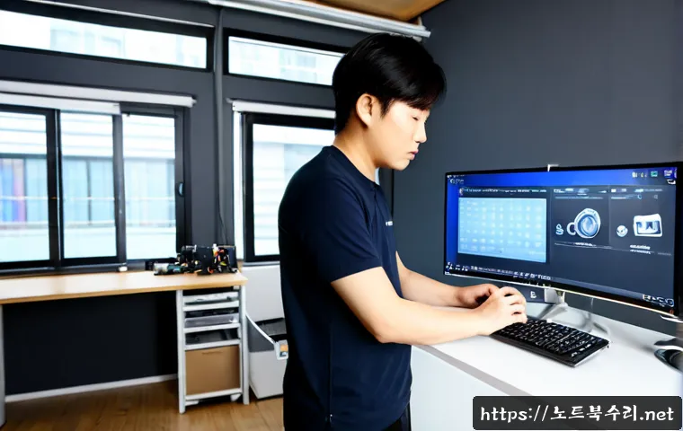 당왕동 조립컴퓨터 pc 출장판매설치 - Photorealistic compact workstation showroom in Dangwang-dong, a technician assembling a custom deskt...