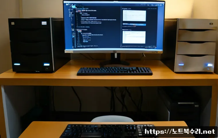 궁정동 STATUS_FILE_CORRUPTION - Photorealistic IT support workstation in a quiet Jongno-style office, dual monitors showing a clean ...