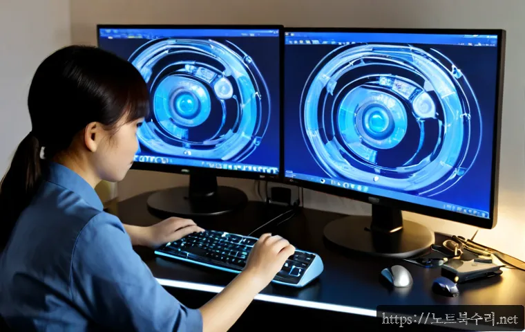 기안동 THREAD_STUCK_IN_DEVICE_DRIVER - Photorealistic remote-support workstation in a quiet Gidong home office, dual monitors showing an ab...