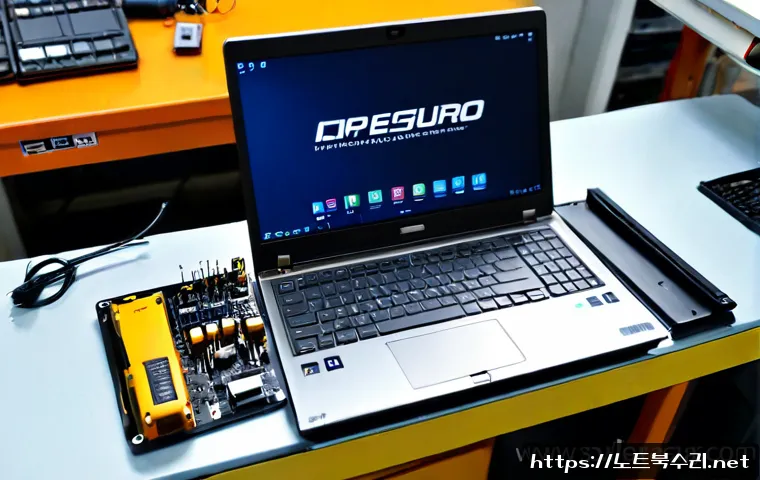 당왕동 맥북프로 판매 및 수리 - Photorealistic electronics repair bench in Dangwang-dong, a sleek unbranded aluminum professional la...