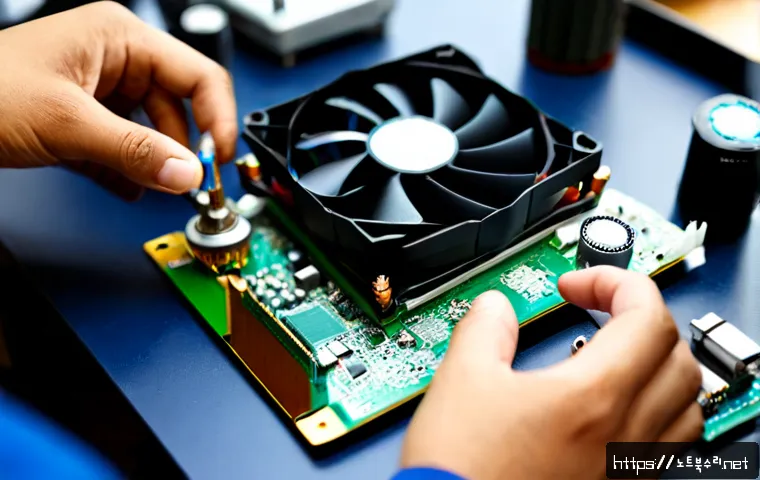 지평면 쿨러조립 및 교체수리 - Photorealistic computer repair workshop, technician assembling a high-performance CPU air cooler ont...