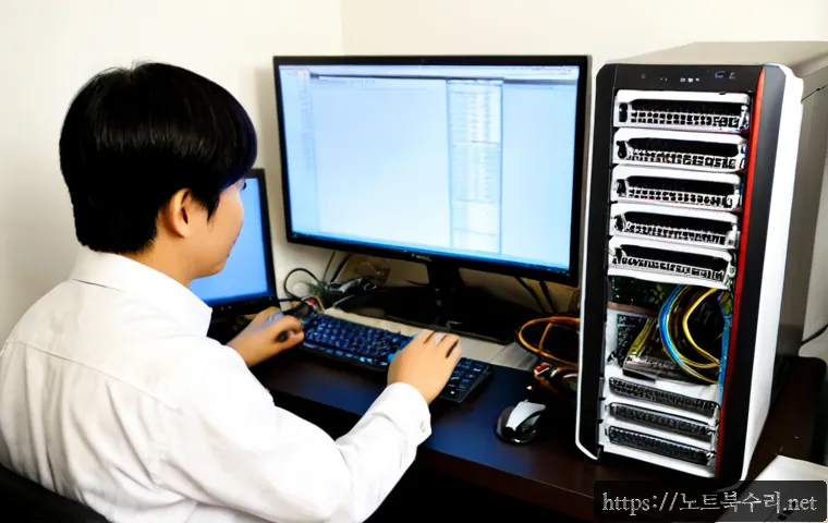 칠괴동 하드조립 및 교체수리 - Photorealistic computer repair workstation in a compact Korean residential office, technician instal...