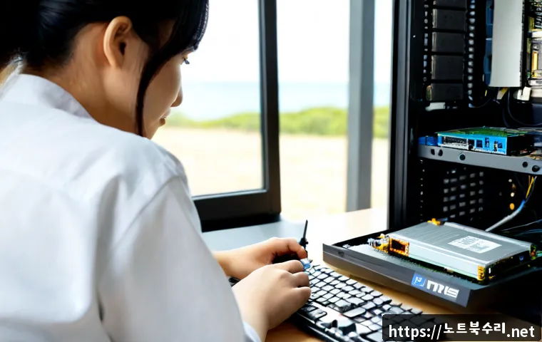영흥면 SSD조립 및 교체수리 - Photorealistic computer repair workstation in a quiet coastal township, technician installing a comp...