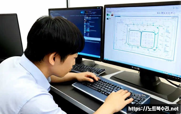 간석동 THREAD_TERMINATION_PORT - Photorealistic remote-support workstation in a compact Ganseok-dong office, dual monitors showing a ...