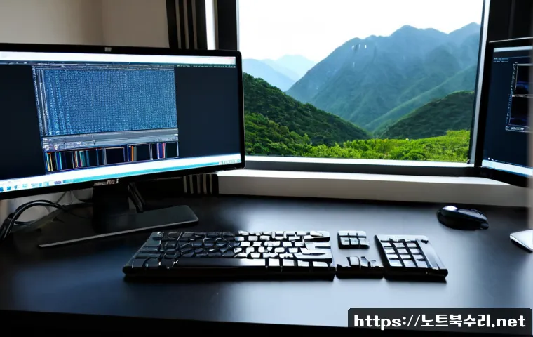 동두천동 SOFTWARE_EXCEPTION - Photorealistic software engineer workstation in Dongducheon, dual monitors showing a clean abstract ...