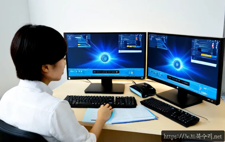 청평면 STATUS_KERNEL_HEAP_CORRUPTION - Photorealistic IT support workstation in a quiet Cheongpyeong lakeside office, dual monitors showing...