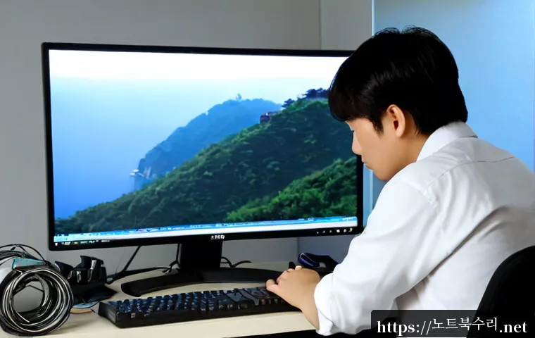 봉원동 KMODE_EXCEPTION_NOT_HANDLED - Photorealistic IT support workstation in a compact hillside neighborhood office, desktop monitor sho...