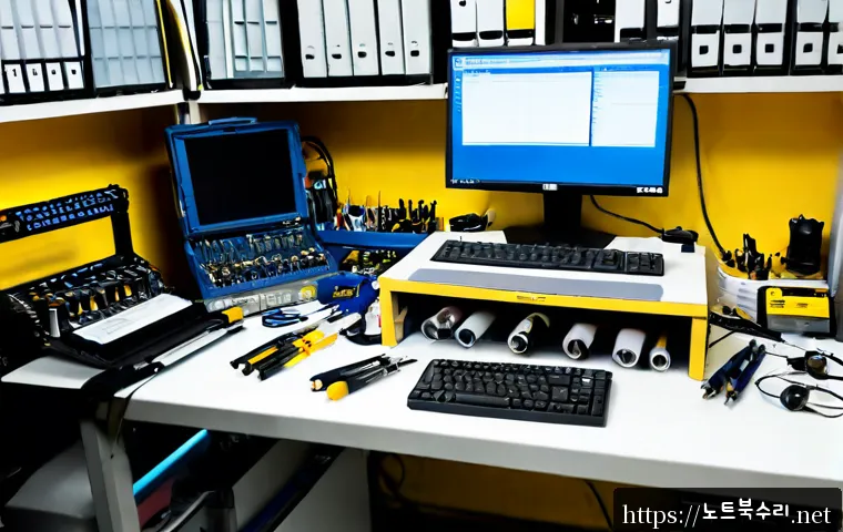 창신동 맥미니 판매 및 수리 - Photorealistic compact desktop computer repair bench in a Changsin-dong electronics workshop, opened...