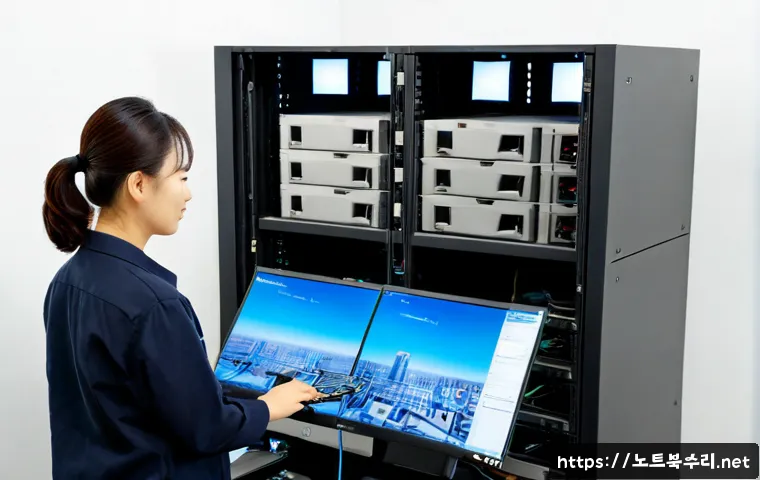 서계동 파일서버출장방문수리점 - Photorealistic file server repair technician servicing a compact rack cabinet in a modern Seogye-don...