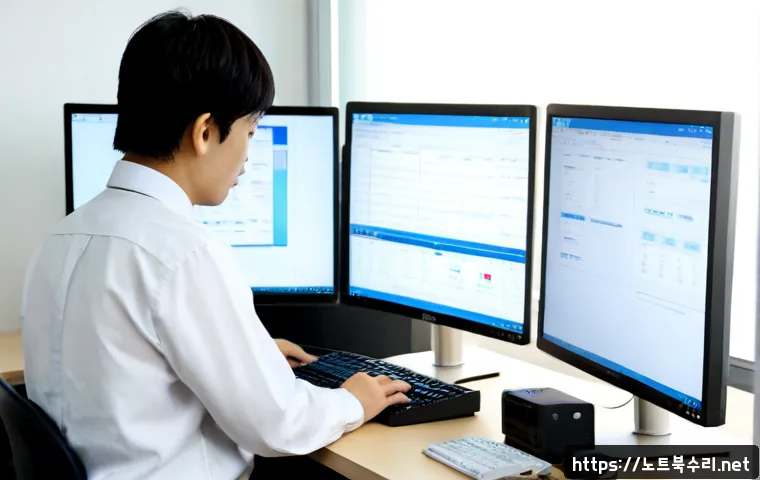 선화동 STATUS_MEMORY_VIOLATION - Photorealistic IT support workstation in a compact Seonhwa-dong office, dual monitors showing a clea...