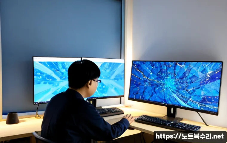 지동 WATCHDOG_VIOLATION - Photorealistic remote IT support workstation in a compact Jidong neighborhood office, dual monitors ...