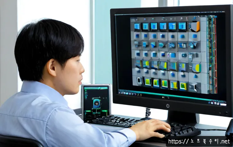 지곡동 STATUS_MODULE_CORRUPTION - Photorealistic software support workstation in a quiet Jigot-dong research district office, engineer...