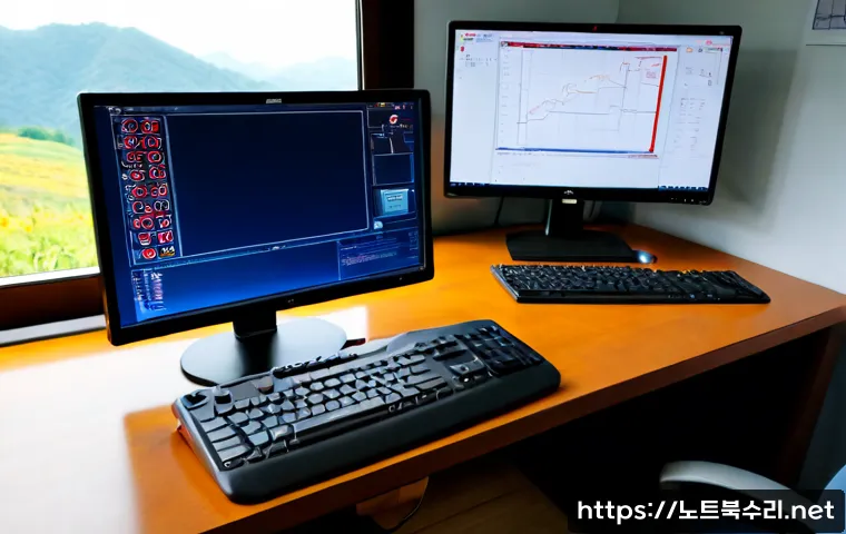 백학면 STATUS_KERNEL_DEVICE_ERROR - Photorealistic remote IT support workstation in a quiet rural Korean office, dual monitors showing a...