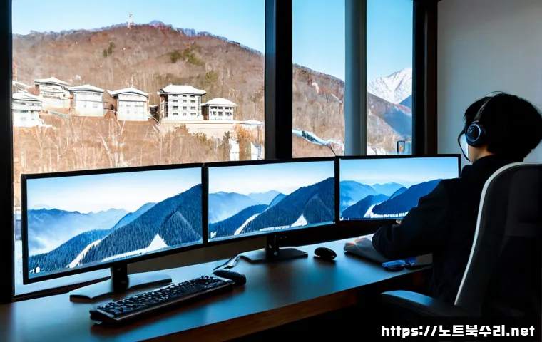 평창동 부팅불가 - Photorealistic upscale hillside home office in Pyeongchang-dong, a desktop workstation frozen on a d...