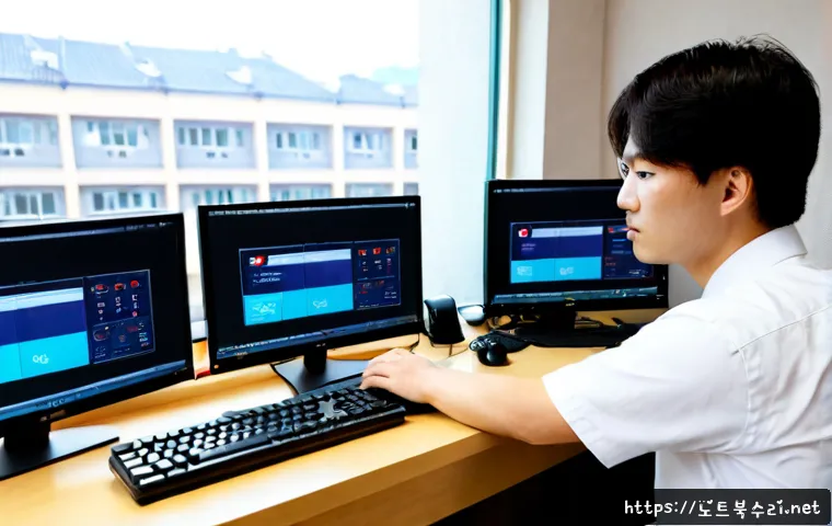 서대문구 STATUS_INVALID_LOCK_SEQUENCE - Photorealistic remote-support workstation in a quiet Seodaemun district office, dual monitors showin...
