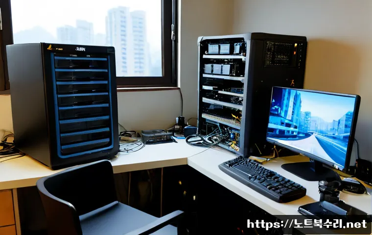 지산동 HARDWARE_MEMORY_FAILURE - Photorealistic electronics repair workstation in Jisan-dong, an open desktop tower with mismatched R...