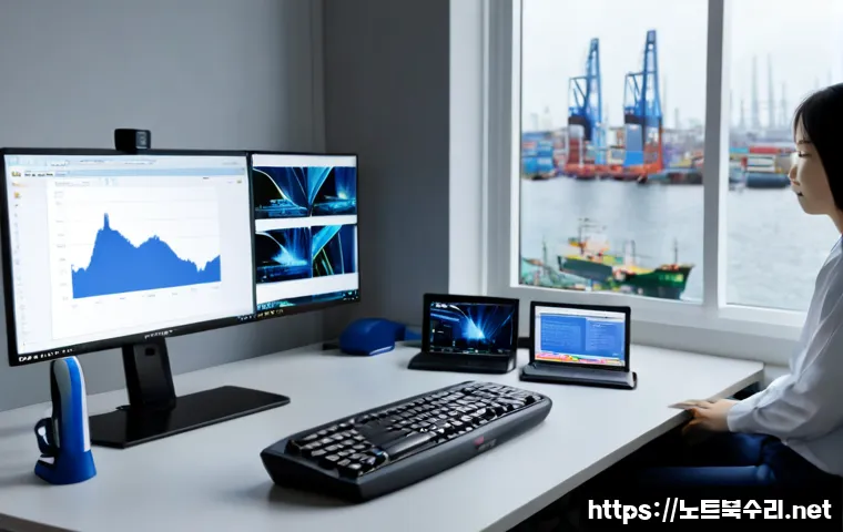 봉래동 STATUS_KERNEL_DATA_CORRUPTION - Photorealistic remote-support workstation in a compact harbor-side office, dual monitors showing a c...