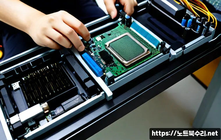백사면 cpu조립 및 교체수리 - Photorealistic computer repair bench in a compact Baeksa-myeon electronics workshop, technician care...