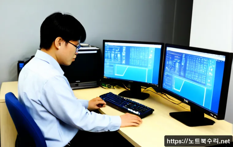 초지동 FAT_FILE_SYSTEM - Photorealistic IT support workstation in a compact office near a quiet Korean industrial district, t...
