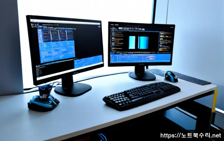 다동 STATUS_KERNEL_DEBUG_FAILURE - Photorealistic IT support workstation in a compact Da-dong office, dual monitors showing a blank blu...
