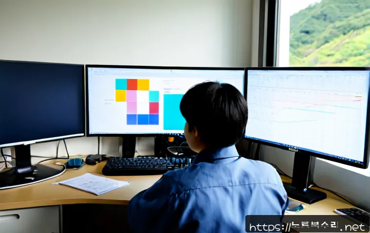 삼죽면 STATUS_KERNEL_APC_PENDING - Photorealistic IT support workstation in a quiet rural Korean office near low forested hills, dual m...
