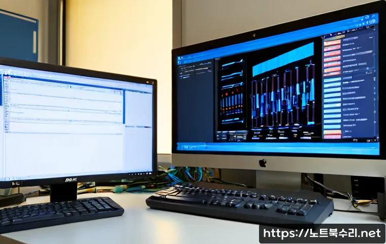 교북동 STATUS_MEMORY_VIOLATION - Photorealistic IT support workstation in a quiet low-rise Korean neighborhood office near Gyobuk-don...