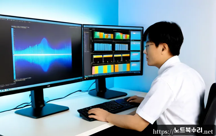 가양동 STATUS_KERNEL_MEMORY_LEAK - Photorealistic IT support workstation in a modern office near a quiet riverside neighborhood, dual m...