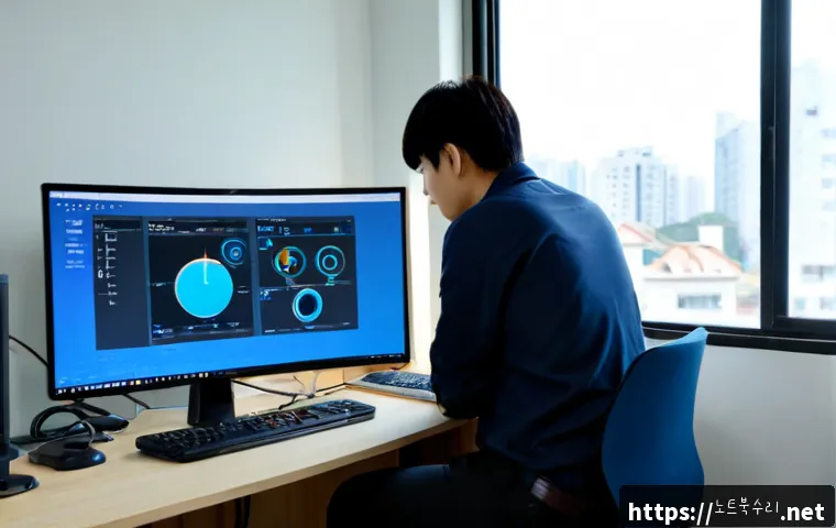 원미동 STATUS_KERNEL_DATA_CORRUPTION - Photorealistic IT support workstation in a compact Korean neighborhood office, dual monitors showing...