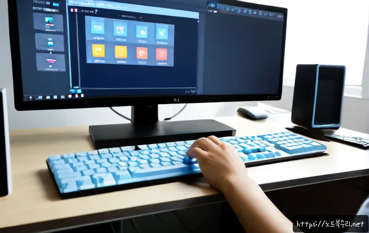 동양동 f4키 누르라고 할때 - Photorealistic remote-support workstation in a modern Dongyang-dong apartment, close-up of a hand pr...