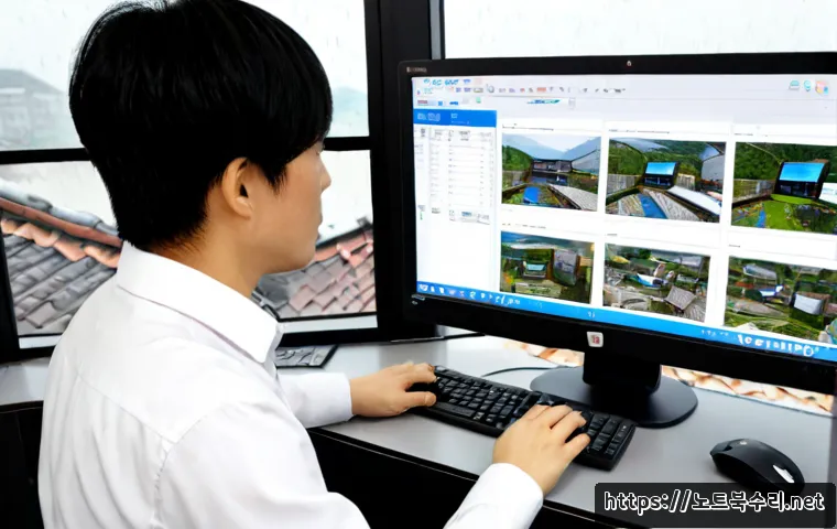 적선동 POOL_CORRUPTION_IN_FILE_AREA - Photorealistic remote-support workstation in Jeokseon-dong, dual monitors showing a blank CAD-style ...