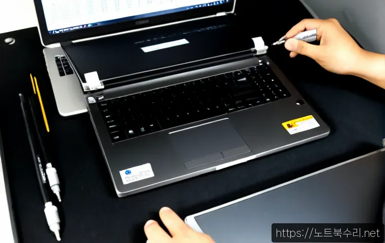 이충동 맥북프로 판매 및 수리 - Photorealistic premium laptop repair workstation in a compact Korean electronics service studio, unb...