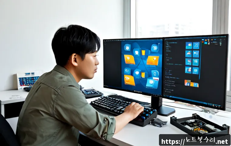 갈곶동 부팅불가 - Photorealistic computer repair workstation in a compact Galgot-dong office, technician diagnosing a ...