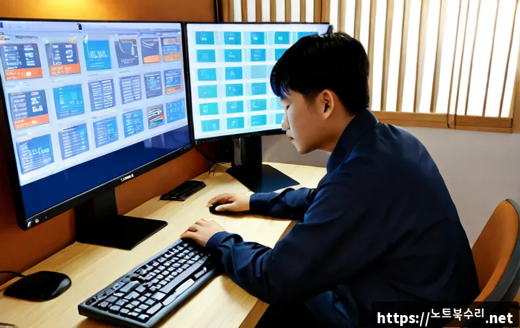 익선동 STATUS_KERNEL_MODULE_CORRUPTION - Photorealistic remote-support workstation in a renovated hanok-style office, IT technician studying ...