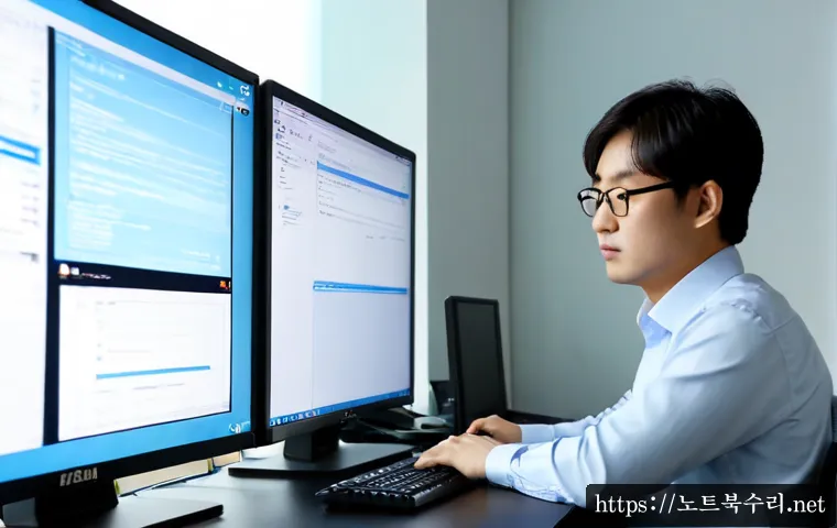 덕은동 STATUS_SESSION_TIMEOUT - Photorealistic modern workstation in Deogeun-dong, IT support specialist examining a desktop monitor...