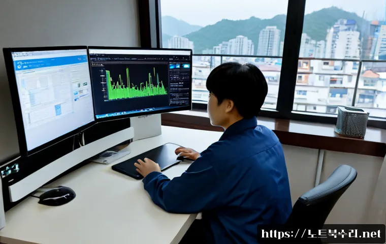 여수동 STATUS_IO_ERROR - Photorealistic IT support workstation in a Yeosu-dong apartment office, dual monitors showing abstra...