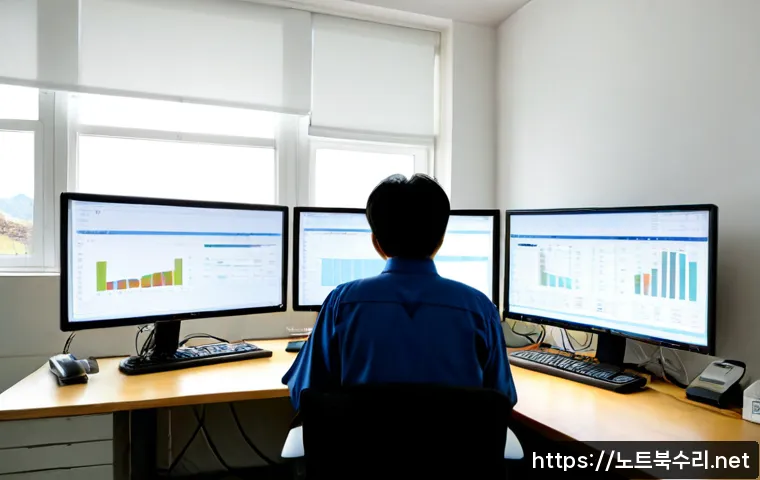 장호원 STATUS_DATATYPE_MISALIGNMENT - Photorealistic remote-support workstation in a quiet agricultural town office, dual monitors showing...