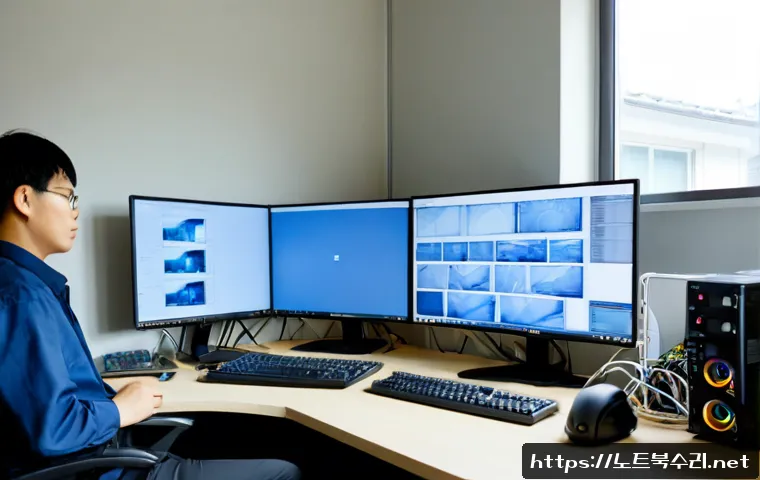 장상동 STATUS_INVALID_OBJECT - Photorealistic IT support workstation in a quiet Korean suburban office, engineer reviewing a 3D CAD...