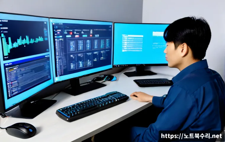 상갈동 KERNEL_DATA_INPAGE_ERROR - Photorealistic remote-support workstation in a compact Sanggal-dong apartment office, dual monitors ...
