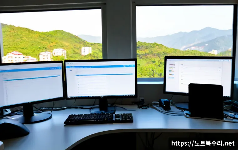 무악동 STATUS_SYSTEM_FILE_MISSING - Photorealistic IT support workstation in a compact Muak-dong apartment office, dual monitors showing...