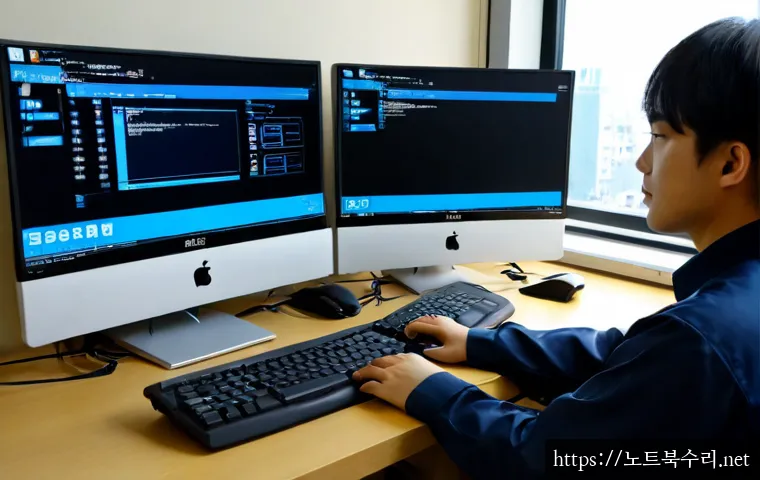 석남동 PAGE_FAULT_IN_NONPAGED_AREA - Photorealistic IT support workstation in a compact Seoknam-dong neighborhood office, dual monitors s...