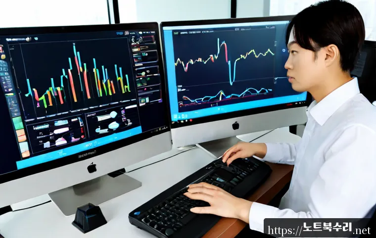 마곡동 NDIS_INTERNAL_ERROR - Photorealistic IT support workstation in a modern Magok-dong office tower, dual monitors showing a c...