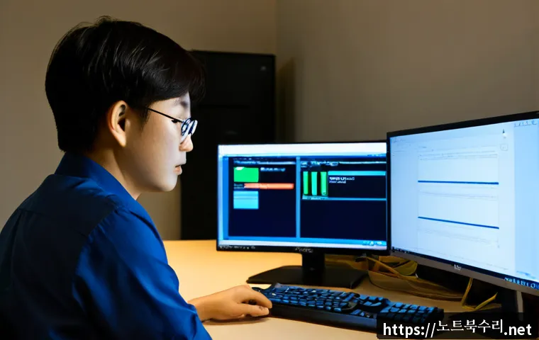 대림동 SESSION3_INITIALIZATION_FAILED - Photorealistic remote IT support workstation in a compact Daerim-dong office, dual monitors showing ...