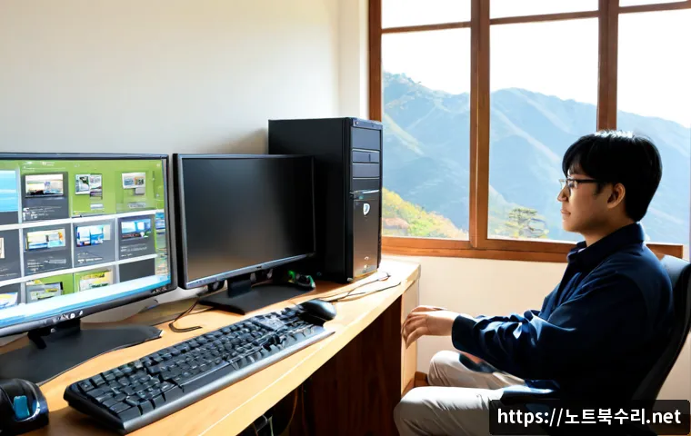 강하면 중고컴퓨터 pc 출장판매설치 - Photorealistic remote PC technician installing a refurbished desktop workstation in a bright Gangha-...