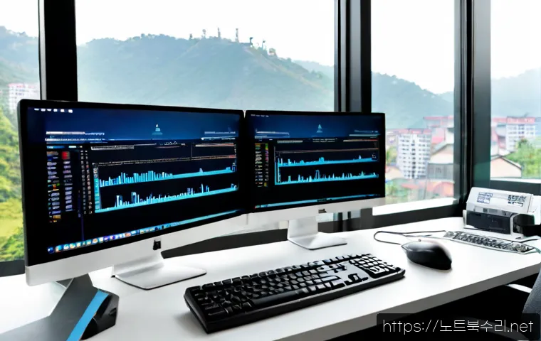 장안구 SYSTEM_LICENSE_VIOLATION - Photorealistic IT support workstation in a modern apartment office, dual monitors showing abstract s...